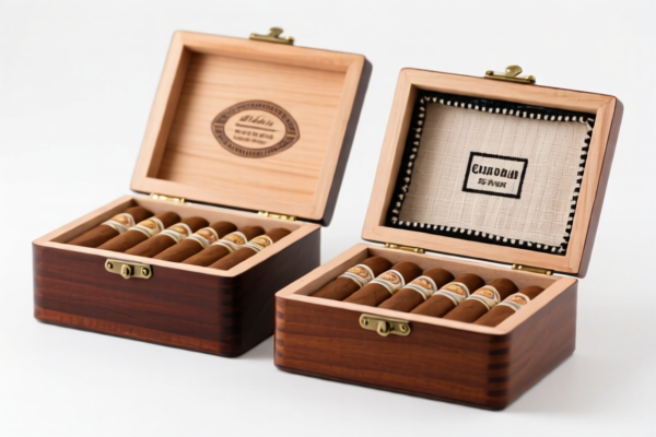 Wood cigar boxes with textile lining
