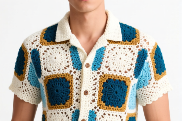 Men's crocheted shirts of other textile materials