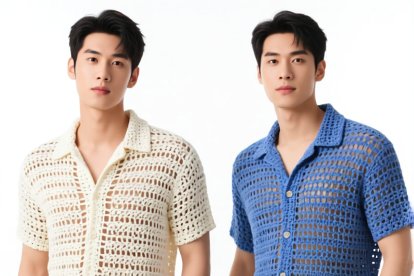 Men's crocheted shirts of other textile materials