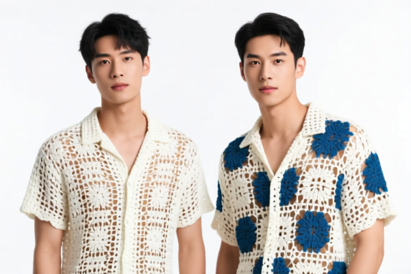Men's crocheted shirts of other textile materials
